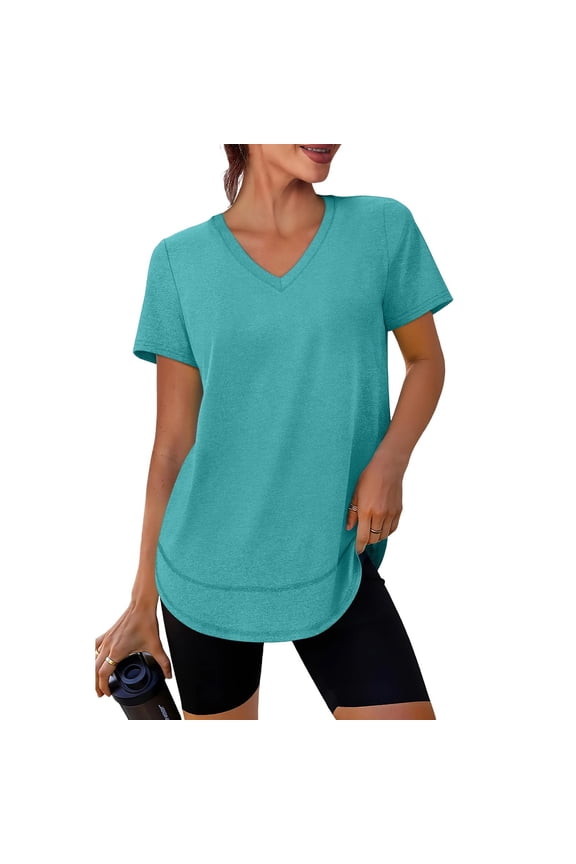 Workout Top Women V Neck Women Short Sleeve Shirts Spring Summer Outdoor Running Athletic Curved Hem Womens Tunics XL