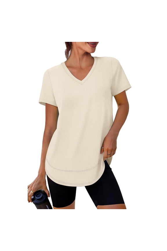 Workout Tops Women V Neck Womens Shirts Short Sleeve Spring Summer Going Out Yoga Athletic Curved Hem Womens Tunic Beige XXL