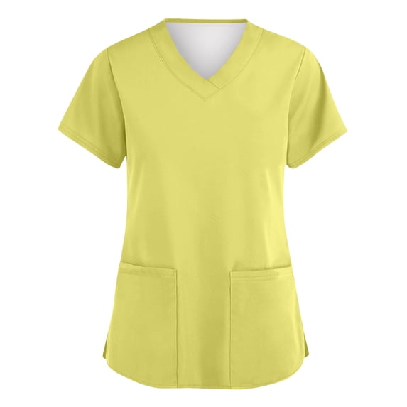 Garbnen Yellow Scrubs Tops for Women Stretch V Neck Short Sleeve Working Uniform Nursing Top with Pocket Solid Color Women's Shirts S-5XL