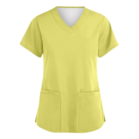 Garbnen Yellow Womens Scrub Tops Stretch V Neck Short Sleeve Nurse Working Uniforms with Pocket Solid Color Fall&nbsp;shirts&nbsp;for Women S-5XL