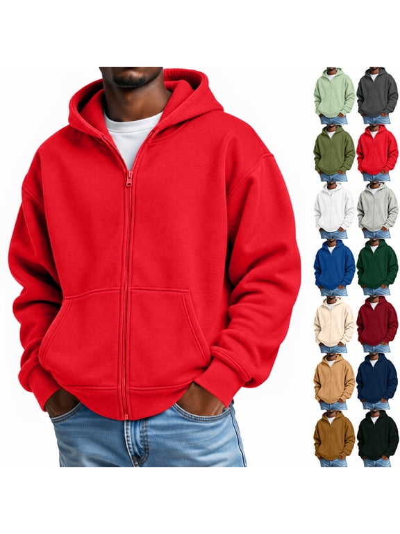 Zip Up Fleece Lined Hoodie Jackets for Men Workout Athletic Plain Zippered Hoodies for Men with Pockets Basic Long Sleeve Fluffy Flannel Fuzzy Mens Outwear Jackets and Coats
