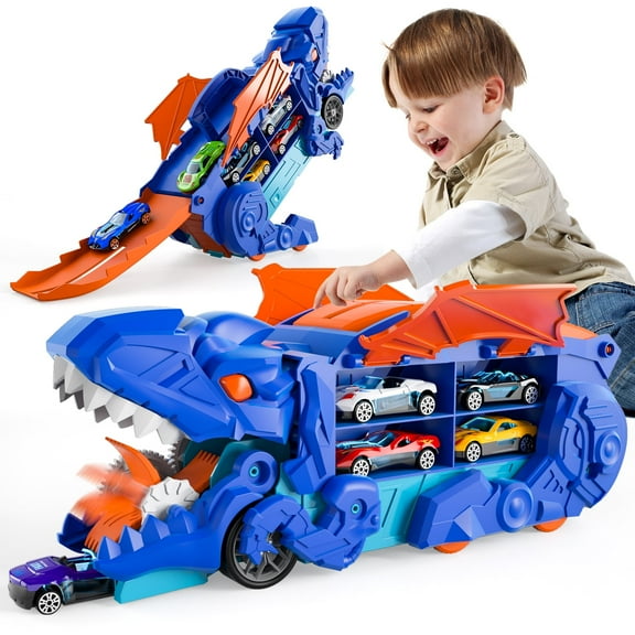 Garbo Star Dinosaur Truck Toys for Kids 2-8 Years Old Boys Girls, Dinosaur Swallowing Car with Track, Transporter Transforms into Dual Race Tracks Dino with 10 Die-Cast Cars Toy Gift