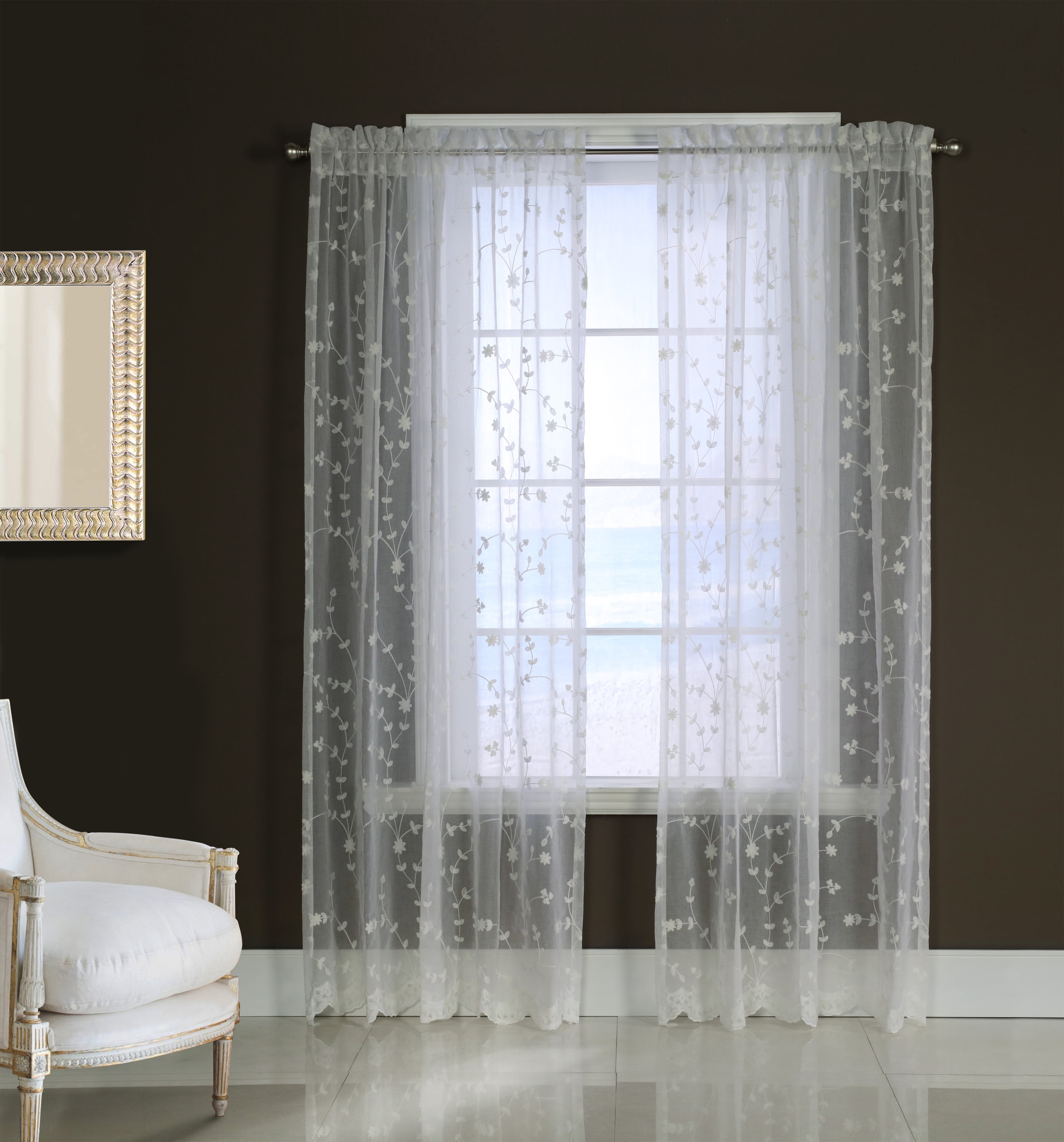 Garcia Embroidered Curtain Sheer with Scallop Detail 52" x 63" in White