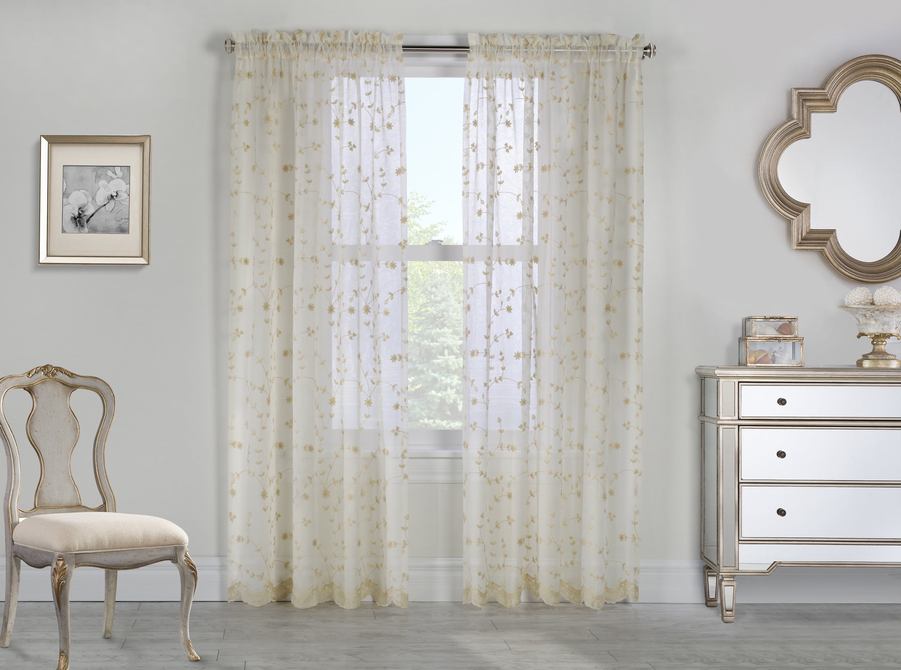 Garcia Embroidered Curtain Sheer with Scallop Detail 52" x 95" in Cream