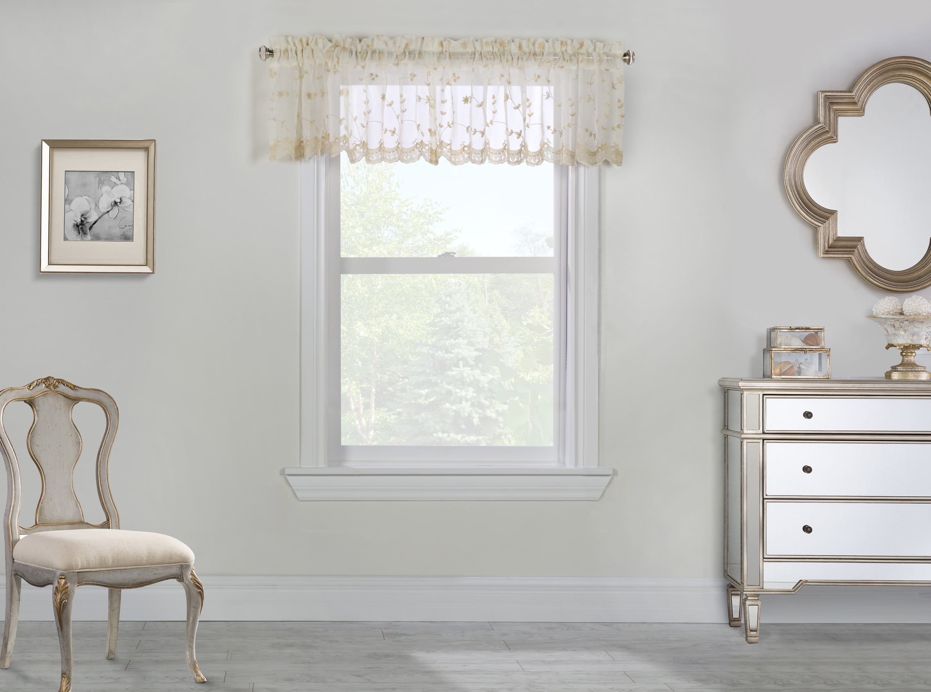 Cream Sheer Embroidered Floral Rod Pocket Valance 52" x 17"