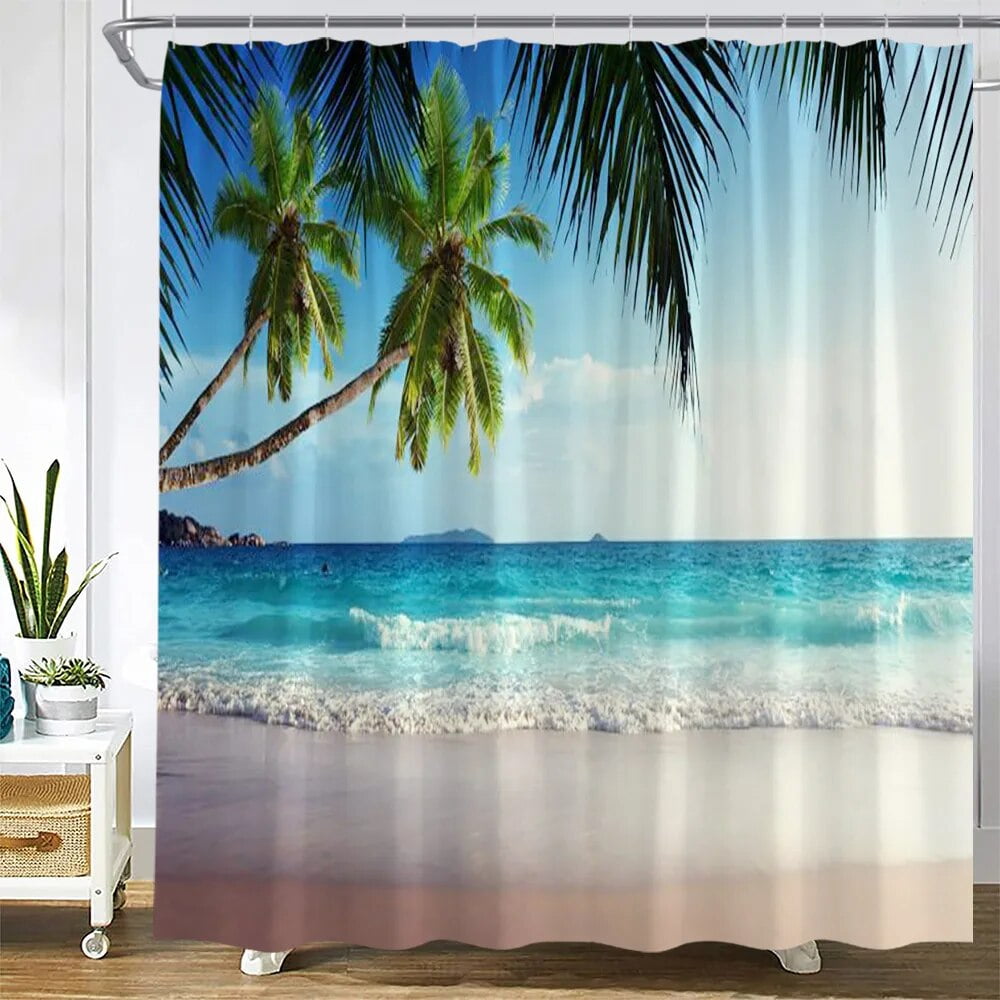 Gard Landscape Shower Curtain Plants Lotus Flower Summer Ocean Nature Scery Palm Tree Beac