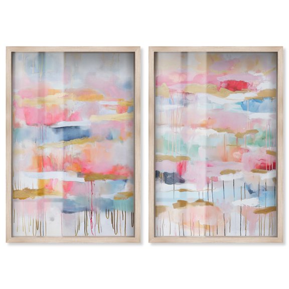 Gard Mirage Duet Shadowbox Print Sunset Pink Wall Decor Set by Art Remedy, Blonde Frame, 16 x 24