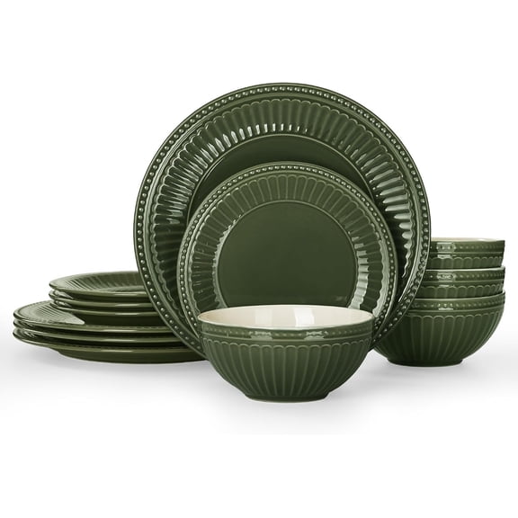 Garden 12- Embossed Plates and Bowls Sets, Stoneware Reactive  Dishes Dinnerware Set, Modern Rustic, Chip & Scratch Resistant, Microwave & Dishwasher Safe, Service for 4, Dark Green