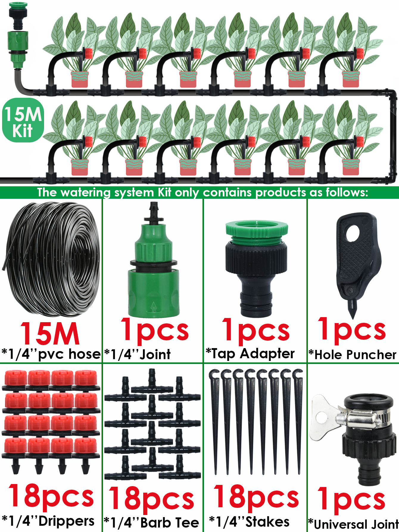 Garden 15-25M 1/4 Automatic Watering Hose DIY Drip Irrigation System ...