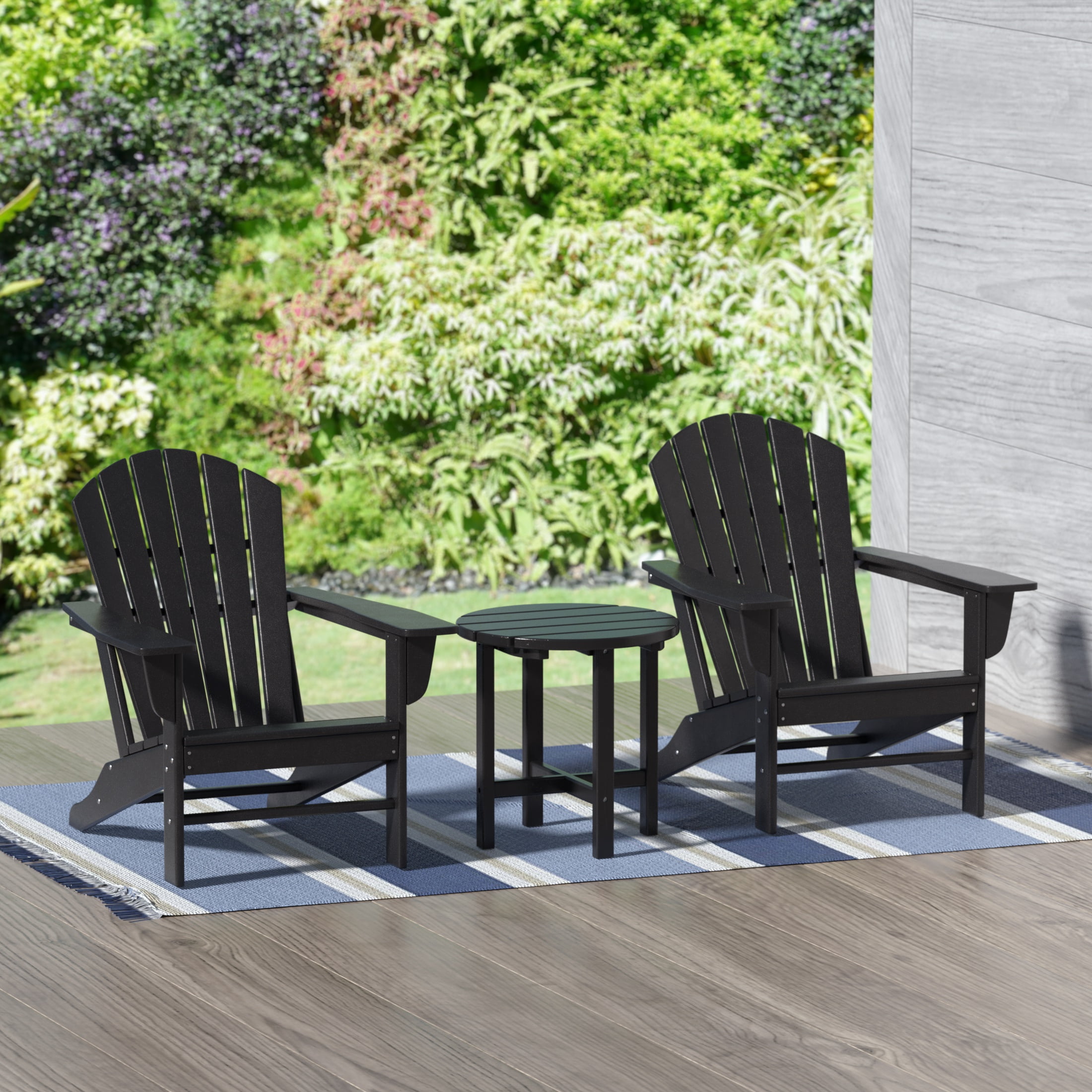 Garden 3-Piece Patio Adirondack Chair with Round Accent Side Table Set, Black