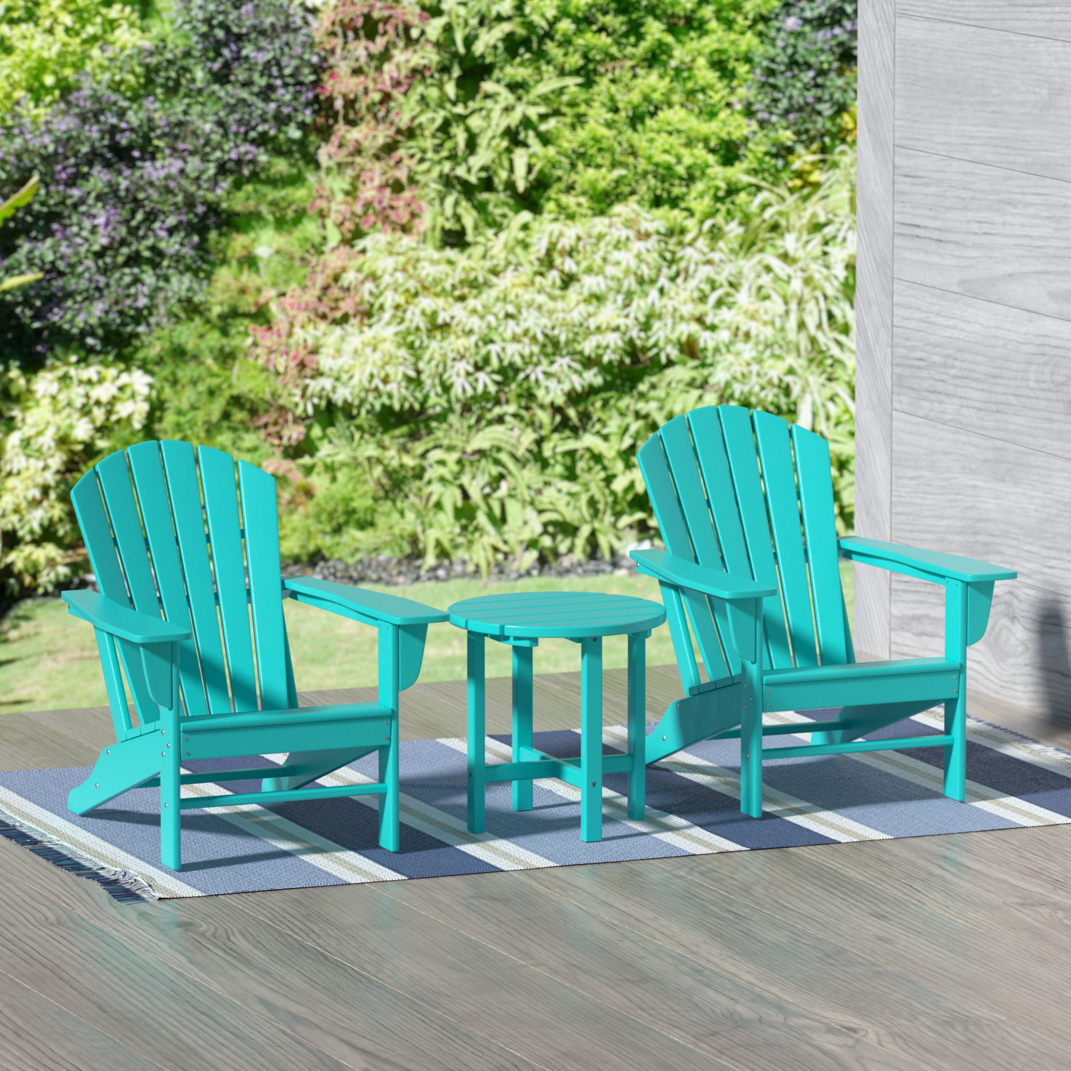 Garden 3-Piece Patio Adirondack Chair with Round Accent Side Table Set, Turquoise