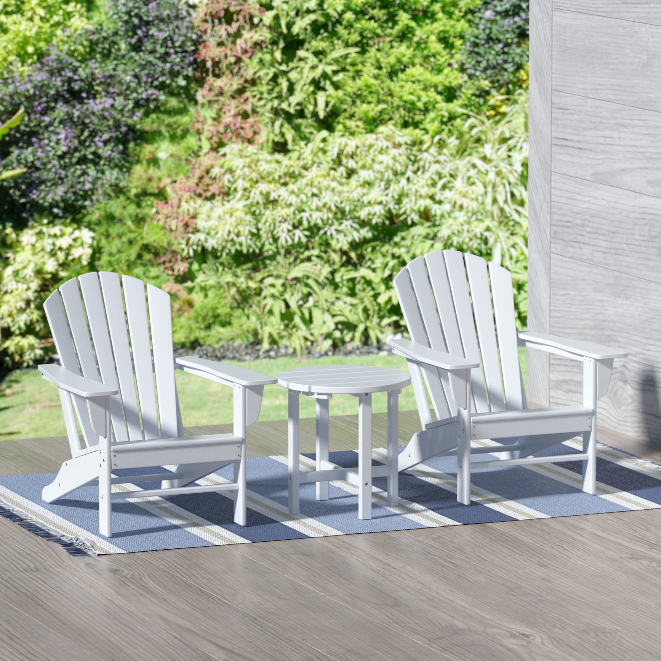 Garden 3-Piece Patio Adirondack Chair with Round Accent Side Table Set, White