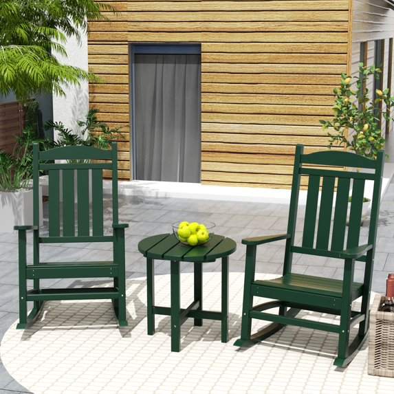 Garden 3-Piece Set Classic Plastic Adirondack Porch Rocking Chair with Round Side Table Included, Dark Green