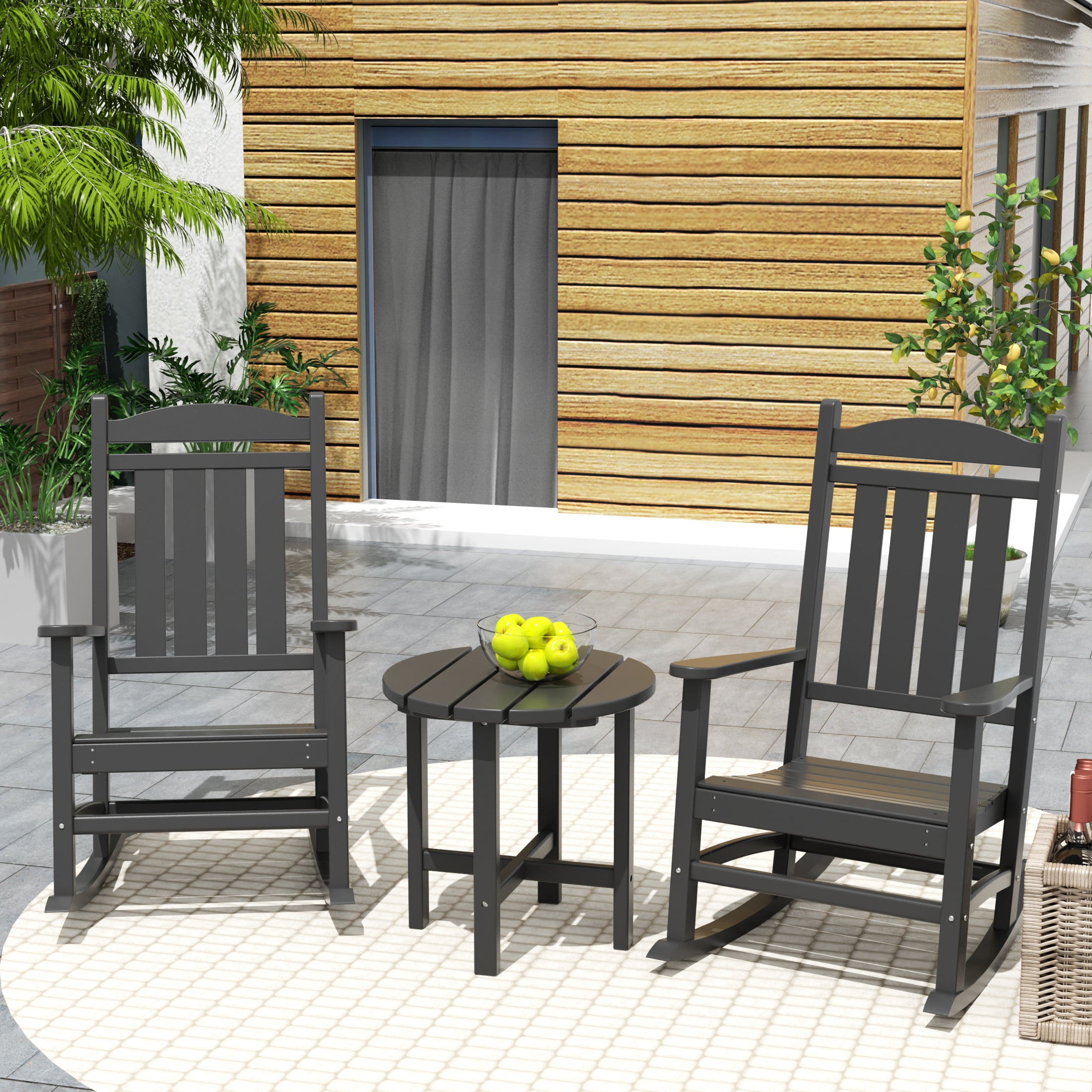 Garden 3-Piece Set Classic Plastic Adirondack Porch Rocking Chair with Round Side Table Included, Gray