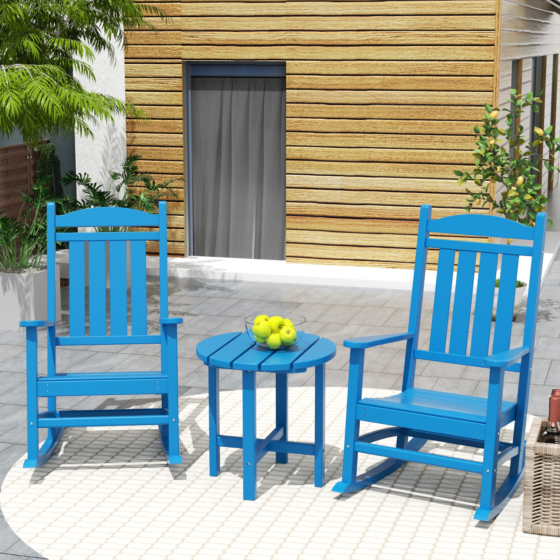 Garden 3-Piece Set Classic Plastic Adirondack Porch Rocking Chair with Round Side Table Included, Pacific Blue