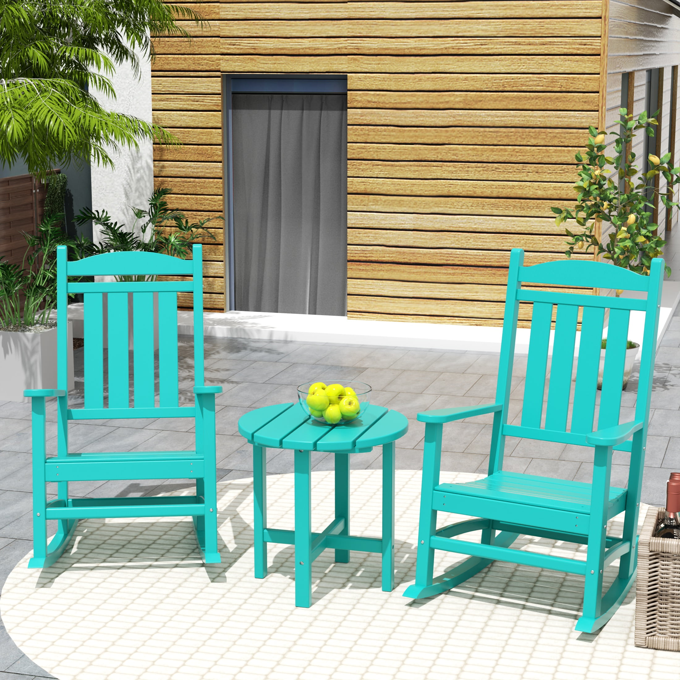 Garden 3-Piece Set Classic Plastic Adirondack Porch Rocking Chair with Round Side Table Included, Turquoise