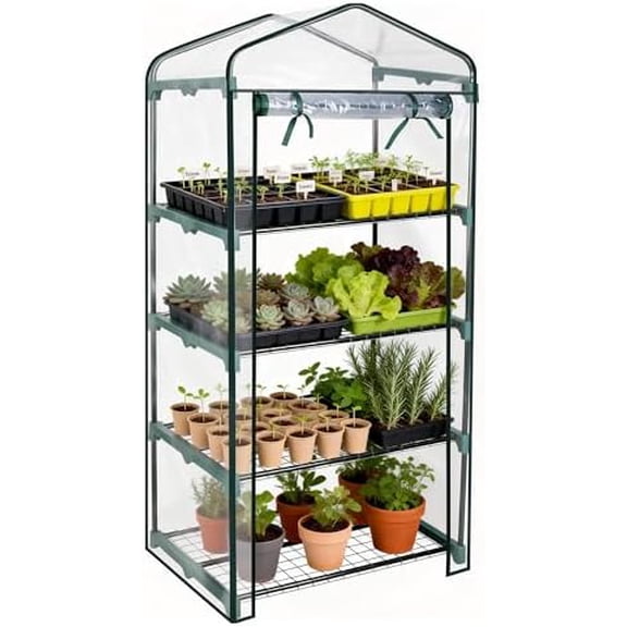 Garden 4 Tier Mini Greenhouse - 63'' H x 27'' L x 19'' W - Sturdy Portable Gardening Shelves with PVC Cover - Small Green House Use in Indoor & Outdoor for Plants Flowers