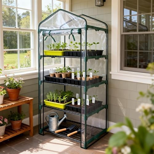 Garden 4 Tier Mini Greenhouse - 63'' H x 27'' L x 19'' W - Sturdy Portable Gardening Shelves with PVC Cover - Small Green House Use in Indoor & Outdoor for Plants Flowers