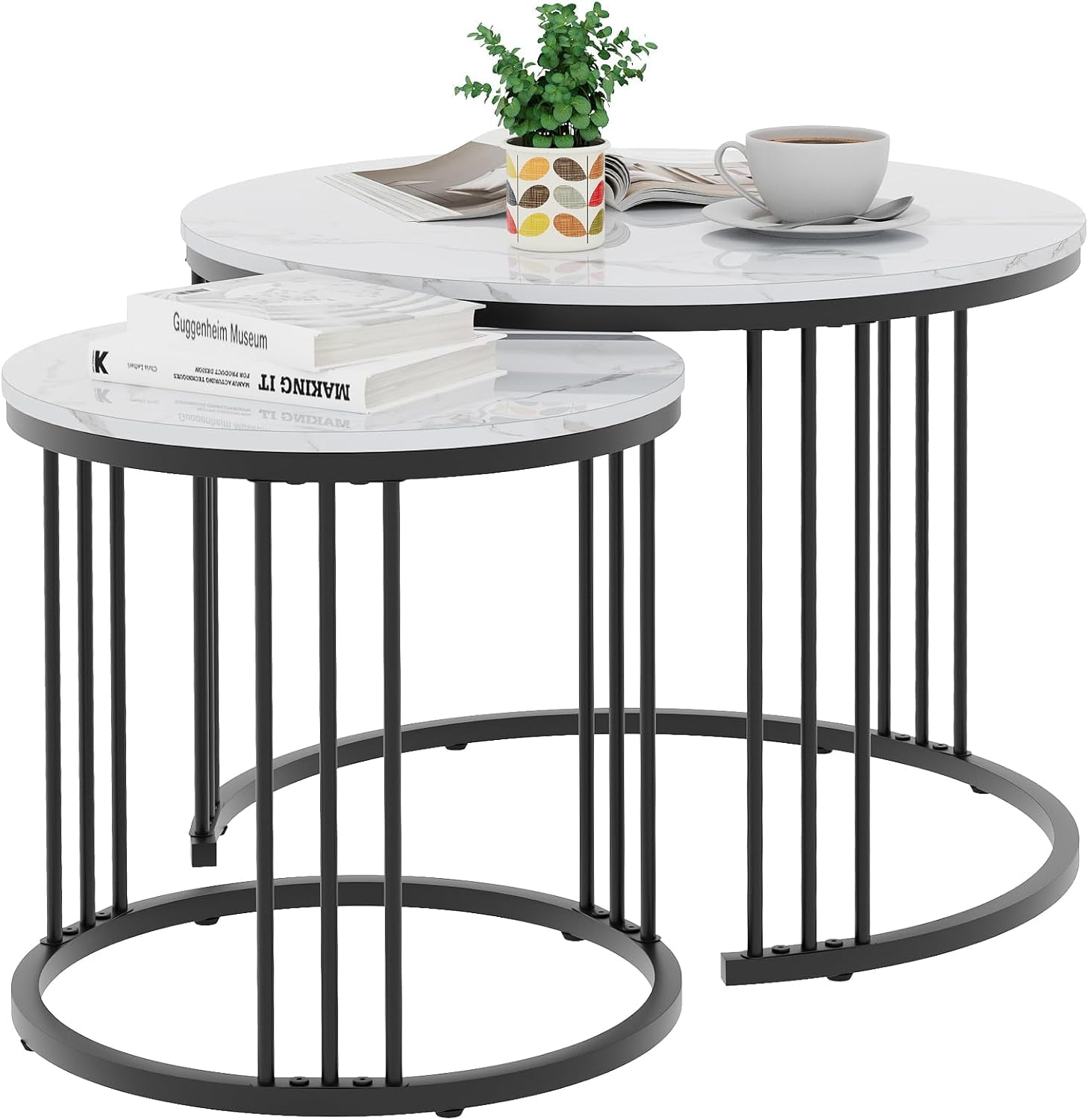 Garden 4 you Coffee Table Faux Marble Nesting Table for Small Place 2 Sets Modern Furniture ...