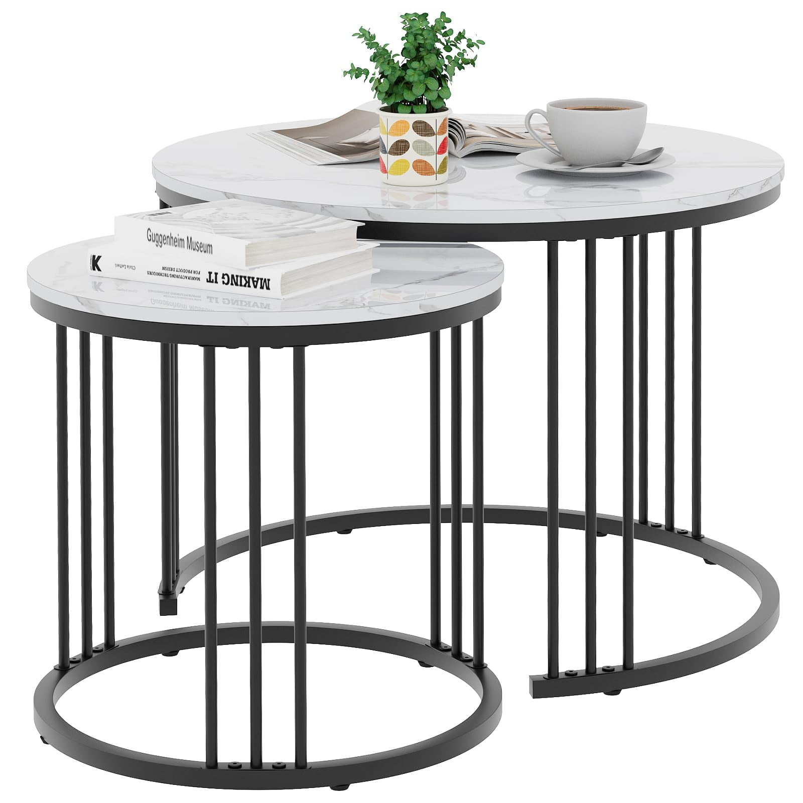 Garden 4 you Coffee Table Faux Marble Nesting Table for Small Place 2 Sets Modern Furniture Living Room Sets End Side Table Night Stand for Bed Room Dining Room (Black & White)