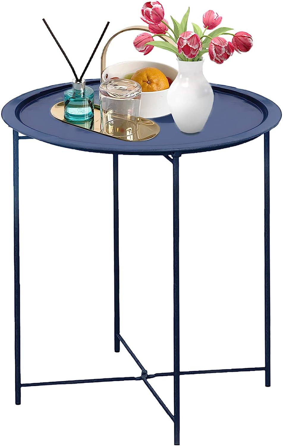 Garden 4 you Folding Tray Metal Side Table Blue Round End Table Cyan Sofa Small Accent Fold-able Table, Round End Table Tray, Next to Sofa Table, Snack Table for Living Room and Bed Room