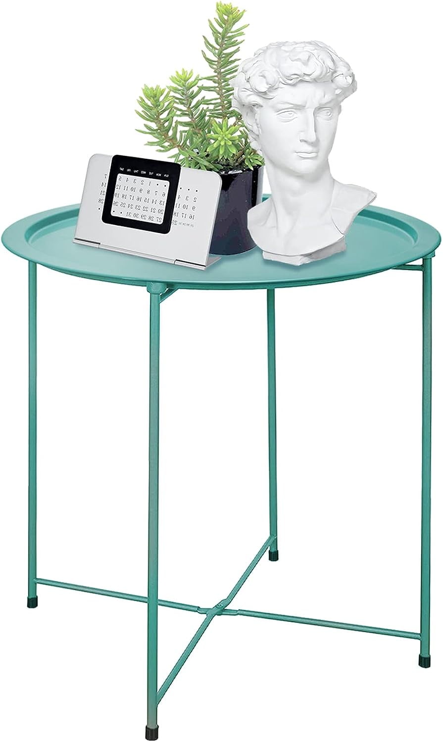 Garden 4 you Folding Tray Metal Side Table Blue Round End Table Cyan Sofa Small Accent Fold-able Table, Round End Table Tray, Next to Sofa Table, Snack Table for Living Room and Bed Room
