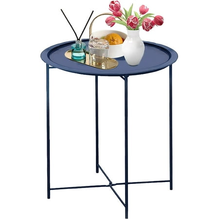 Garden 4 you Indoor Minimalist Foldable Metal Round End Table, Dark Blue