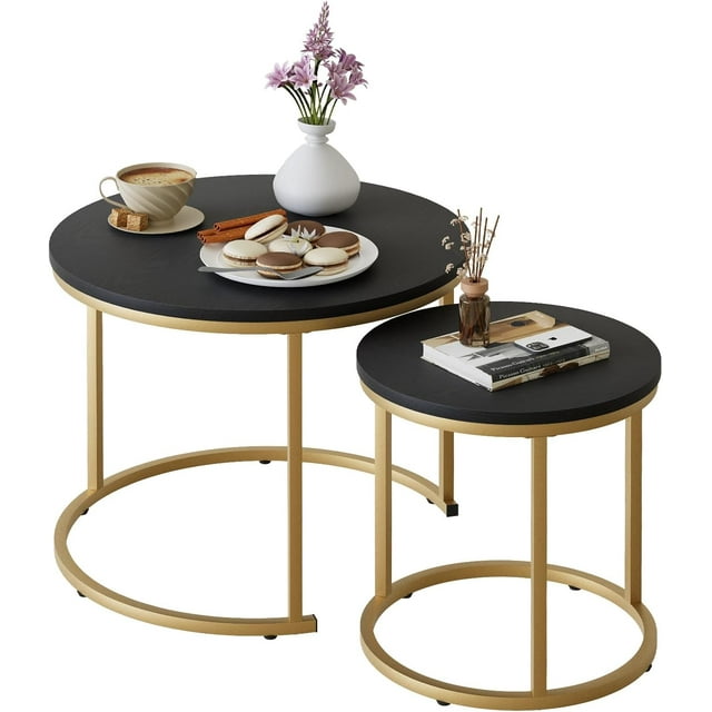 Garden 4 you Nesting Coffee Table, Round Coffee Table Set of 2, Nesting Tables for Living Room Bedroom Balcony, Wooden Stacking Accent Coffee Tables with Metal Frame, Black