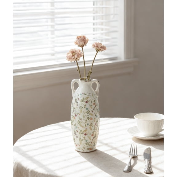 Garden Accessories 5.9x5.9x15.6" Decorative Ceramic Amphora Vase with Multi-Colored Floral Motifs,Outdoor Garden Accessories