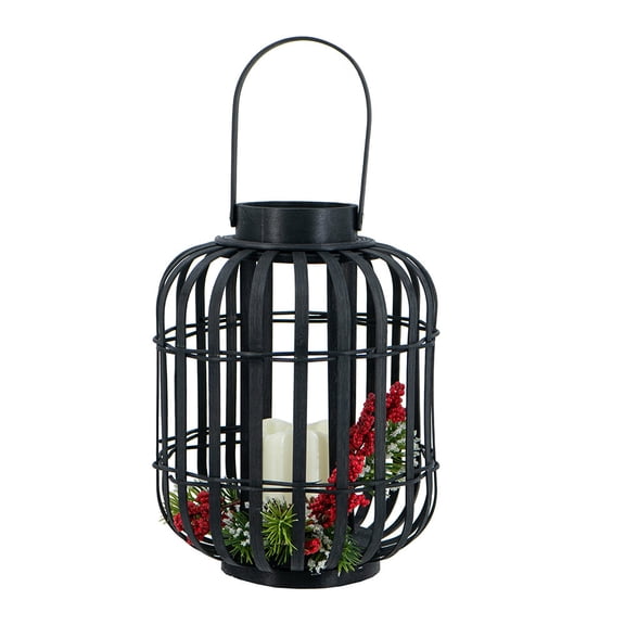 Garden Accessories 8.9x8.9x11.4" Black Bamboo Lantern with White LED Candle,Garden Decorative Accessories