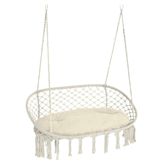 Garden Accessories Outsunny 2-Person Hammock Chair Macrame Swing with Soft Cushion, Hanging Cotton Rope Chair for Indoor Outdoor Home Patio Backyard, White,Garden Decorative Accessories