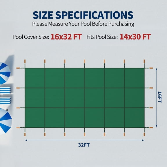 Garden Accessories Swimming Pool Safety Cover, Fits 16x32ft Rectangular underground and Inground Swimming Pools, Triple Stitched High Strength Mesh PP Abrasion Resistant Installation Hardware Includ