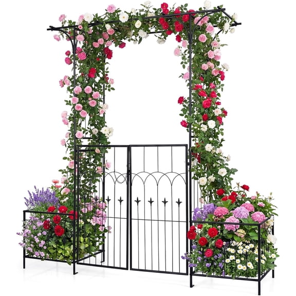 Garden Arbor with Gate and Planter, 79" W x 81" H Metal Arch Trellis with Double Doors, Outdoor Archway for Climbing Plants, Weddings, Backyard, Patio, Lawn, Ceremony Party Decoration