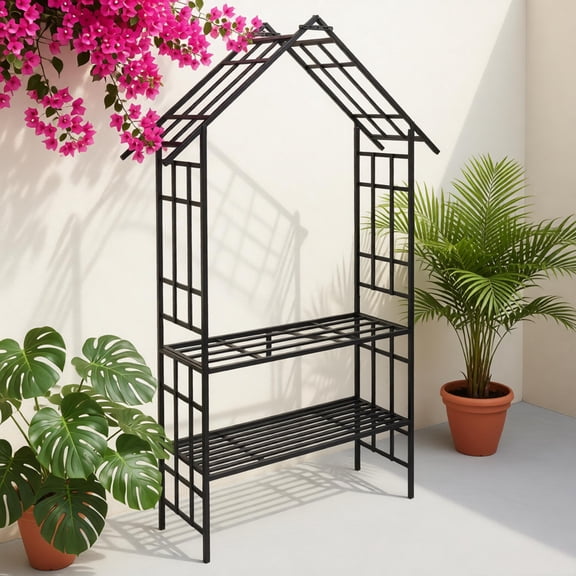 Garden Arch with Bench Convertible Flower Stand Climbing Plant Support Metal Rose Arbor with Seat Rustic Outdoor Decor Patio Yard Trellis Swing Two Mode Design Black 58.07W x 97.24H Inches