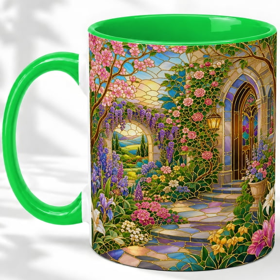 Garden Arch Coffee Mug, Stained Glass Floral Art, Serene Daily Tea Sips