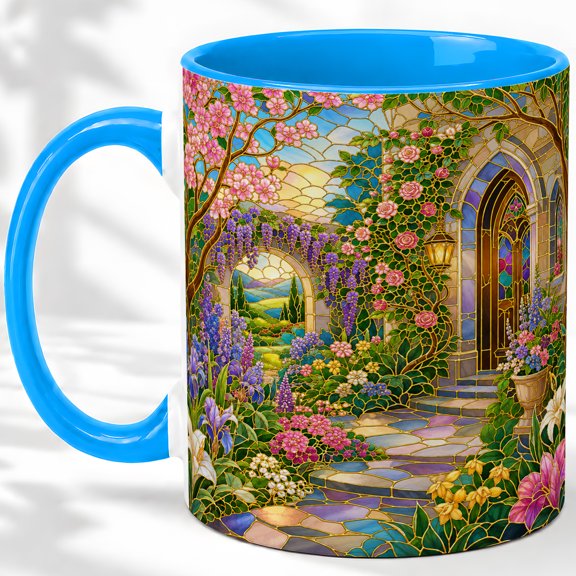 Garden Arch Coffee Mug, Stained Glass Floral Art, Serene Daily Tea Sips