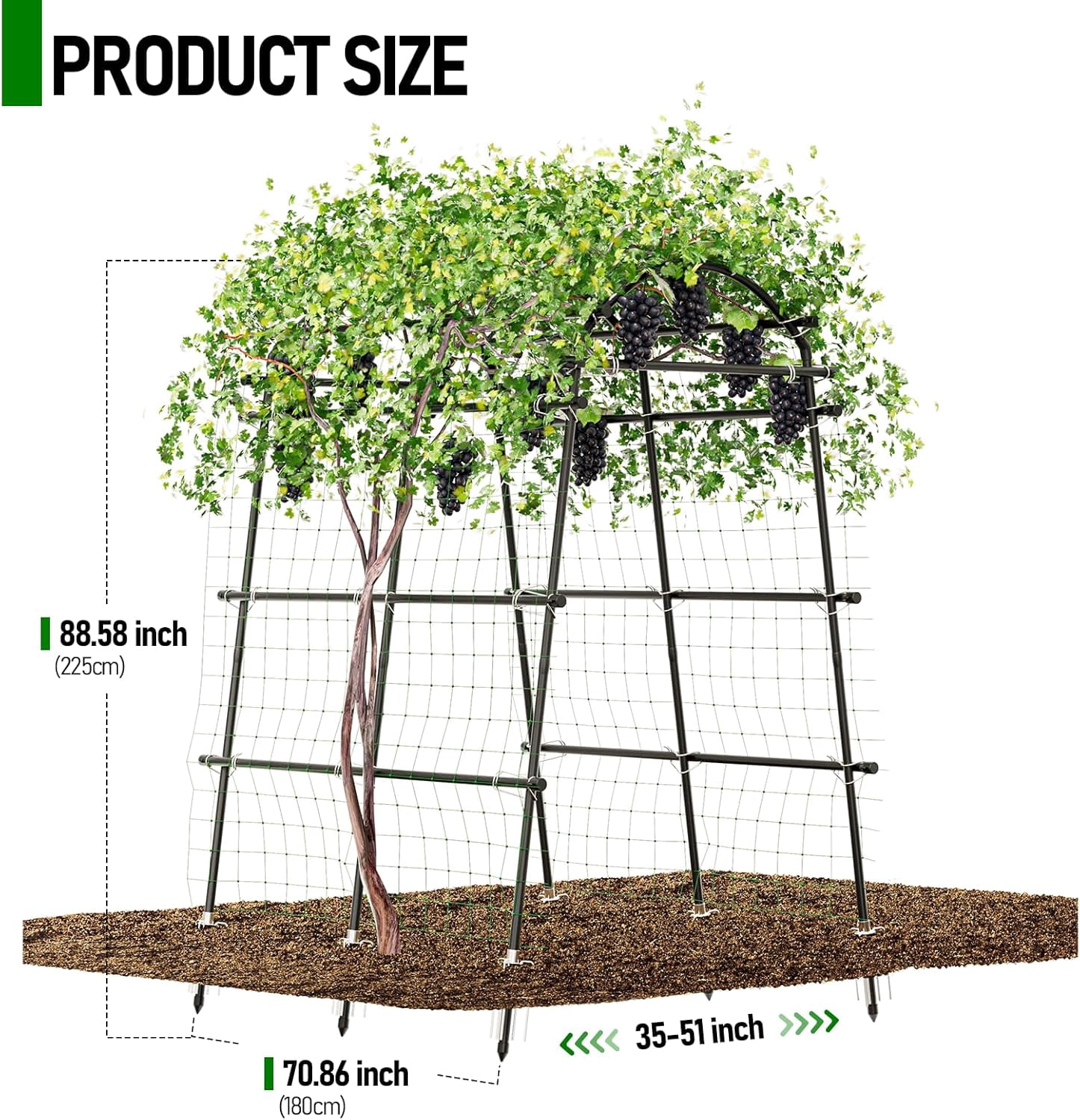 Garden Arch Trellis 88.58"  Tall for Climbing Plants Outdoor, Steel Stainless Arched Arbors Tunnel Trellis with Netting, Metal  Ties for Cucumber Tomato Pea Vines Fruit