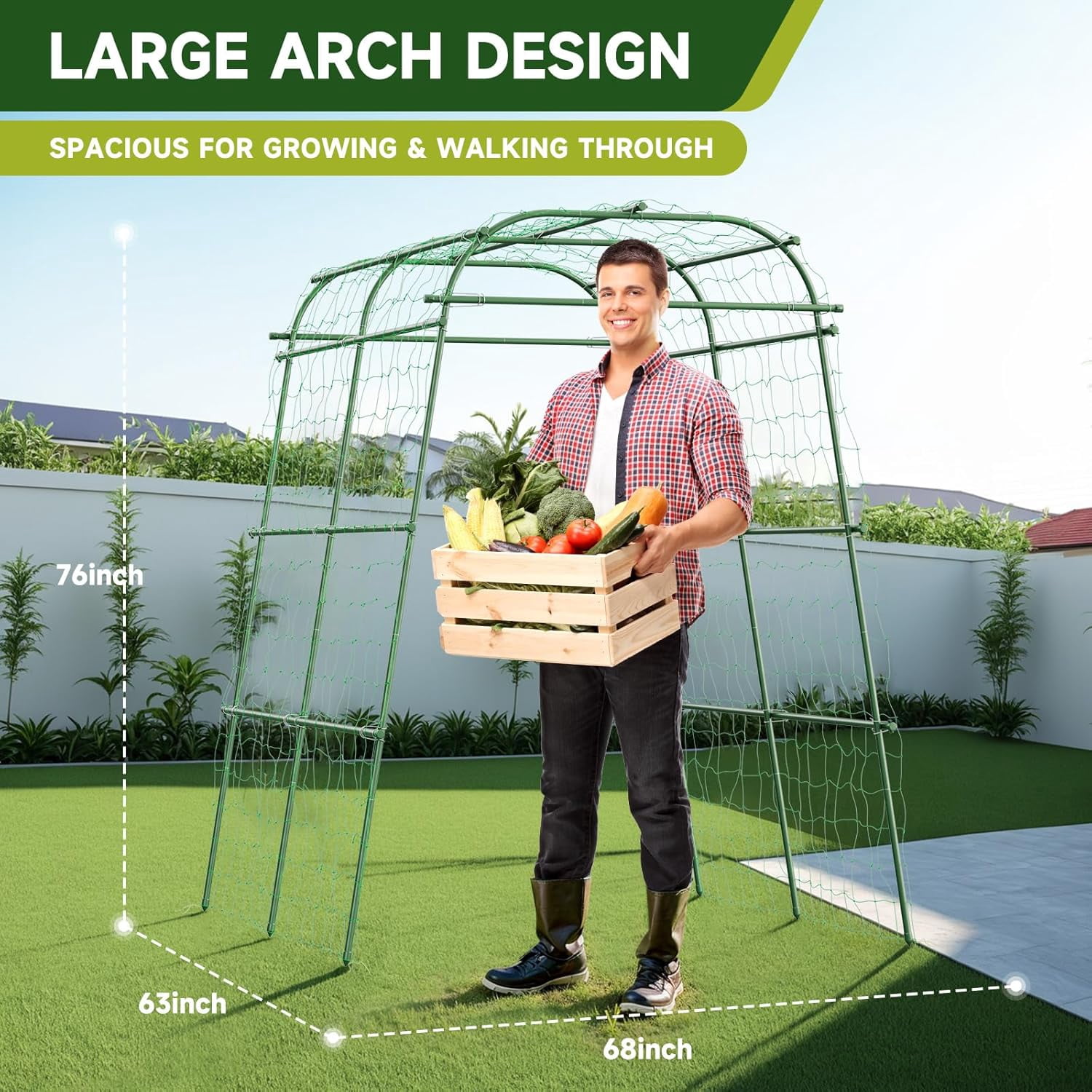 Garden Arch Trellis for Climbing Plants, 6.3ft Tall Heavy Duty Metal Cucumber Trellis, Rustproof Plant Support Tunnel for Tomato, Grape, Bean, Raised Bed and Vegetable Gardens, Green