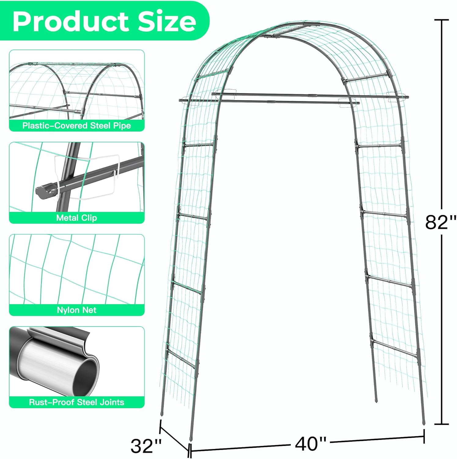 Garden Arch Trellis for Climbing Plants, 82 Inch Tall Metal Vine Support with Clamp Netting for Outdoor Flower Vegetable Tomato Cucumber Garden Decoration