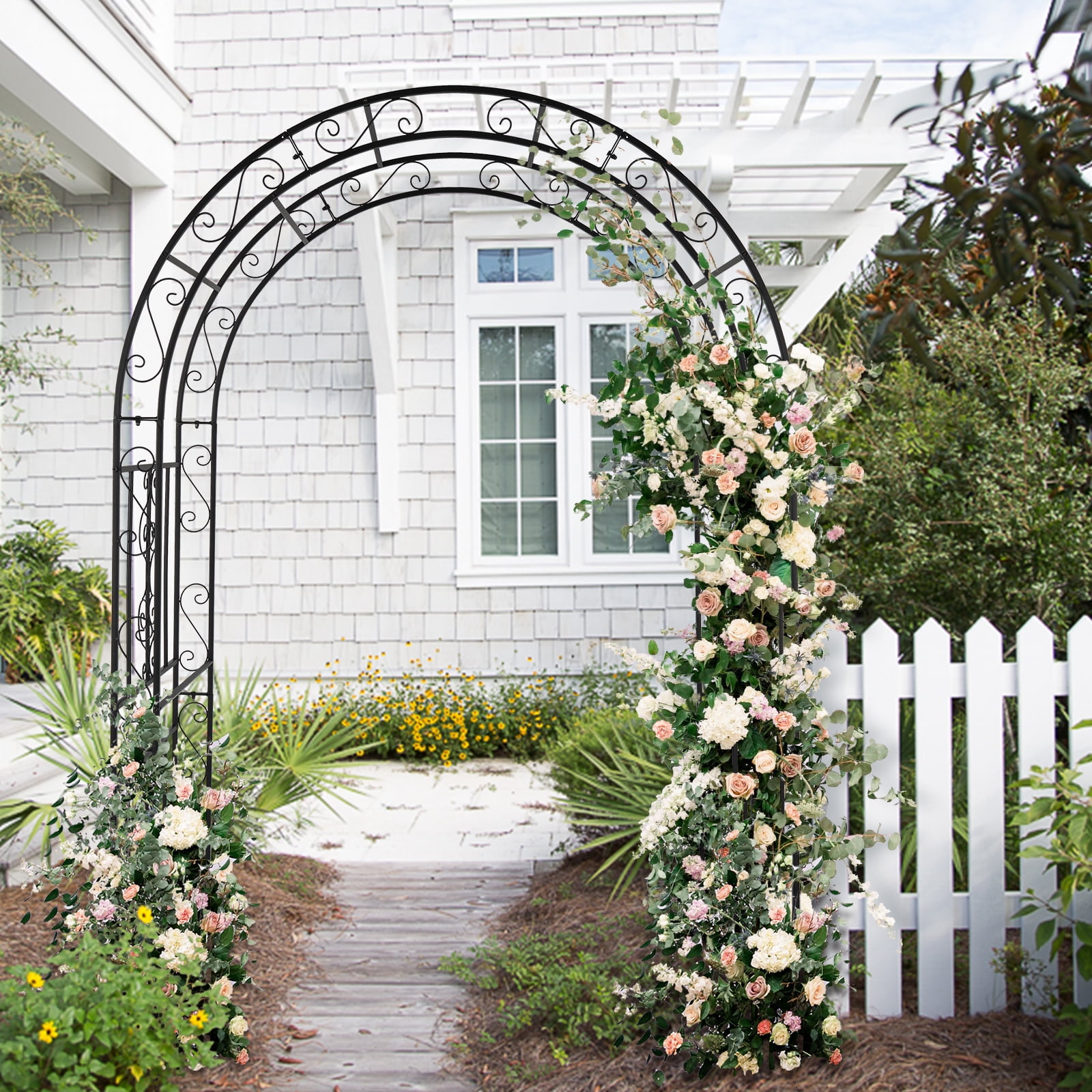 Garden Arch Trellis Double Layer Iron Metal Flower Plant Support for Climbing Roses Vines Cucumbers Outdoor Decor Rustic Wedding Arch Entryway Arbor 83H x 59L x 22W Inches Ground Stakes Included
