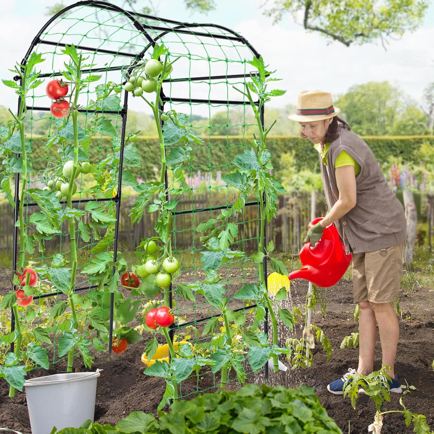 Garden Arch Trellis for Climbing Plants Outdoor, 6.7ft Tall Black Steel Plant Support for Cucumbers Tomatoes Vines