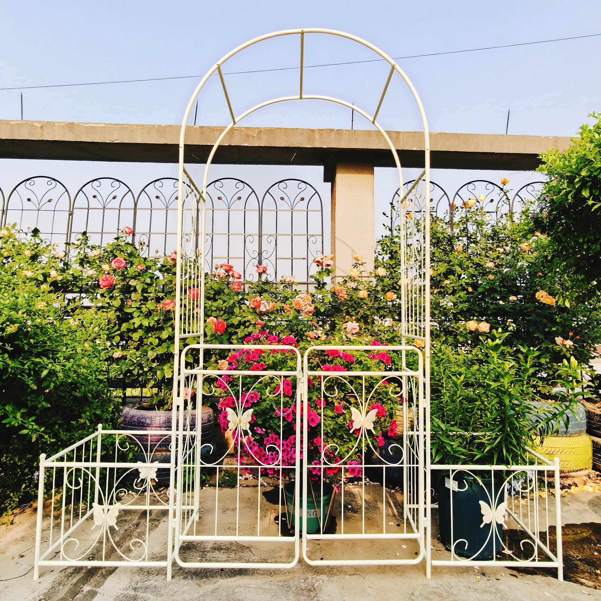 Garden Arch with Gate 79.5" Wide x 86.6" High Climbing Plants Support Rose Arch Outdoor Cream White