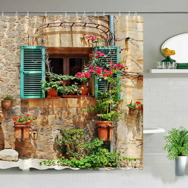 Garden Architecture Outdoor Shower Curtains Windy Towns Floral Windows ...