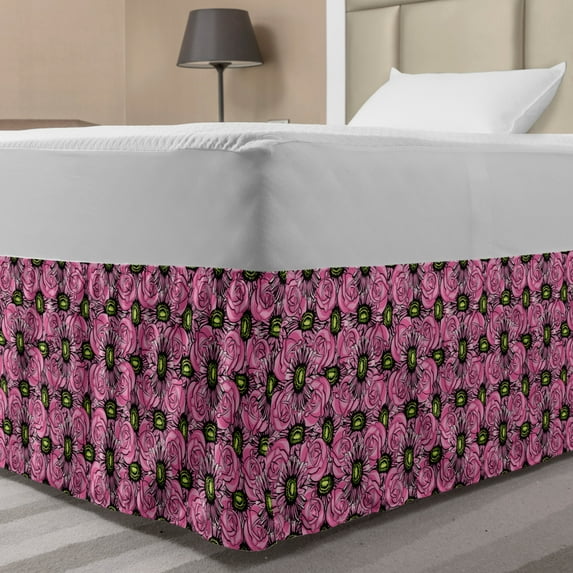Garden Art Bed Skirt, Roses and Gerbera Flowers Pattern Illustration with Botanical Inspirations, Elastic Bedskirt Dust Ruffle Wrap Around for Bedding Decor, 4 Sizes, Pink Pale Green, by Ambesonne