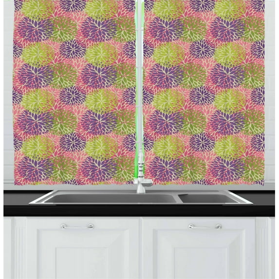 Garden Art Curtains 2 Panels Set, Colorful Petals of Chrysanthemum Ornamental Arrangement Vintage Fall Season, Window Drapes for Living Room Bedroom, 55W X 39L Inches, Multicolor, by Ambesonne