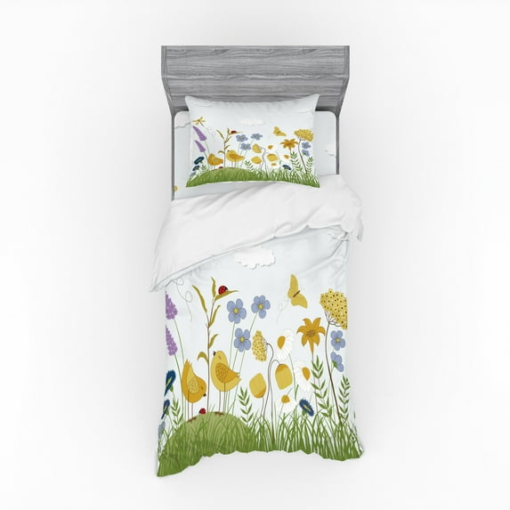 Garden Art Duvet Cover Set, Hand-Drawn Sketch of Lively Summer Garden with Birds and Wildflowers, Bedding Set with Shams and Fitted Sheet, 3 Sizes, by Ambesonne