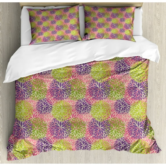 Garden Art Duvet Cover Set King Size, Colorful Petals of Chrysanthemum Ornamental Arrangement Vintage Fall Season, Decorative 3 Piece Bedding Set with 2 Pillow Shams, Multicolor, by Ambesonne