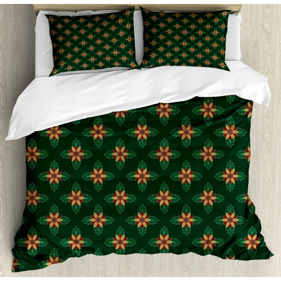 Garden Art Duvet Cover Set Queen Size, Ornamental Flowers with Dark Background Festive Plant Arrangement, Decorative 3 Piece Bedding Set with 2 Pillow Shams, Apricot Ruby Dark Green, by Ambesonne