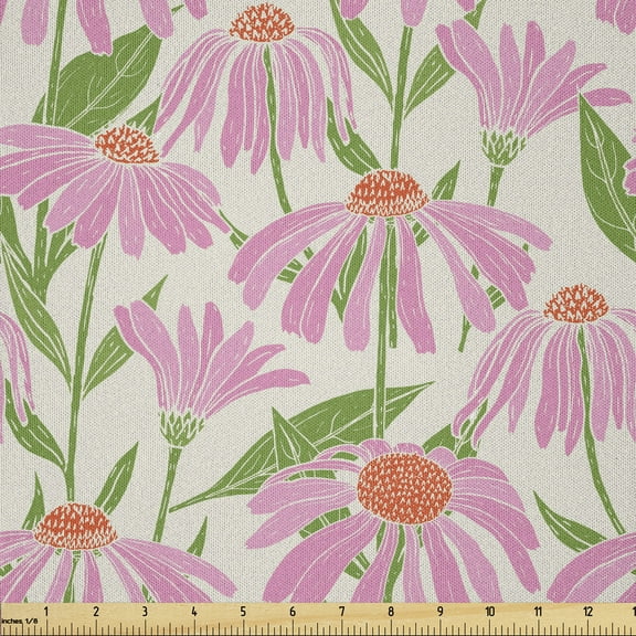 Garden Art Fabric by The Yard, Botanical Pattern Echinacea Flowers Stems and Leaves Gardening Plants, Microfiber Fabric for Arts and Crafts Textiles & Decor, 2 Yards, Pink Green, by Ambesonne