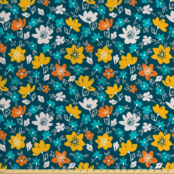 Garden Art Fabric by the Yard, Doodle Style Flowers and Leaves Spring Season Themed Romantic Botany Scene, Decorative Upholstery Fabric for Chairs & Home Accents, Multicolor by Ambesonne